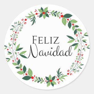 Feliz Navidad Green en Red Wreath Round Sticker