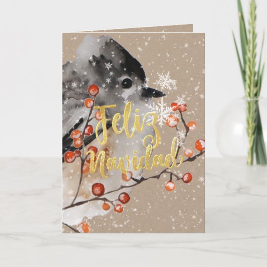 Feliz Navidad Kraft Paper Winter Sparrow & Berries Feestdagen Kaart (Voorkant)