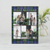 Feliz Navidad Multi Photo Grren Plaid Holiday Card Feestdagenkaart (Staand voorkant)