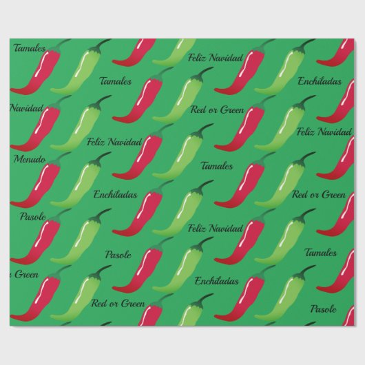 Feliz Navidad Red Chili en Green Kerstcadeau Cadeaupapier (Vlak)
