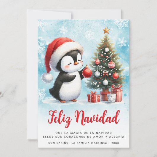 Feliz Navidad Schattigee Pinguïn Custom Feestelijk Feestdagenkaart (Voorkant)