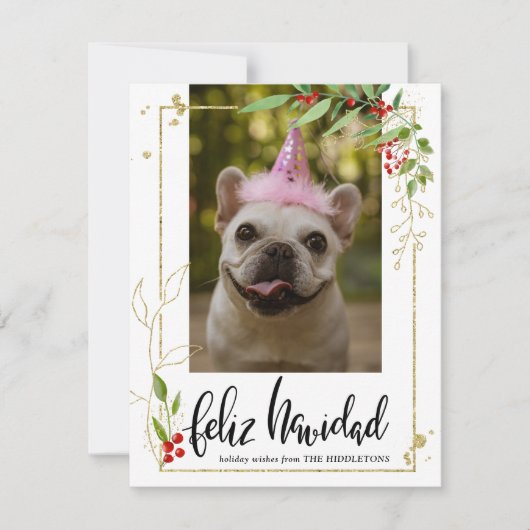 Feliz Navidad| Script Photo Gold Berry Holly Feestdagenkaart (Voorkant)