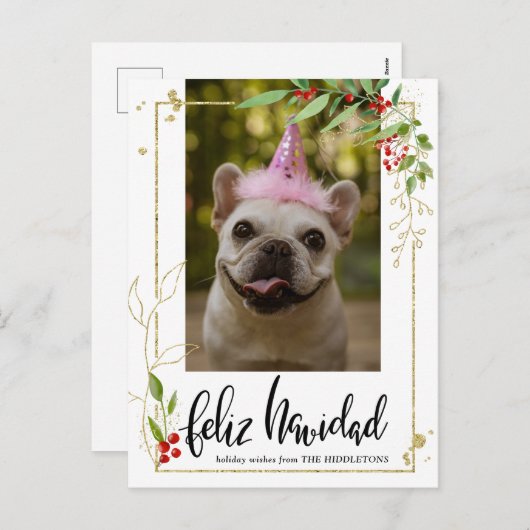Feliz Navidad | Script Photo Gold Berry Holly Feestdagenkaart (Voorkant / Achterkant)