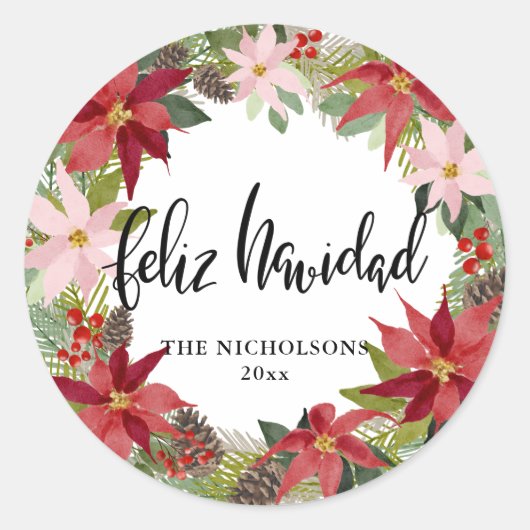 Feliz Navidad Script Red Poinsettia Wreath Ronde Sticker (Voorkant)