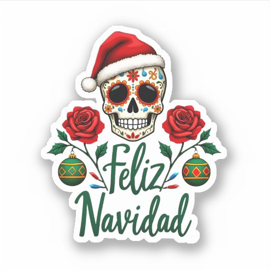 Feliz Navidad Sugar Skull Mexican Christmas T-Shir Sticker (Voorkant)
