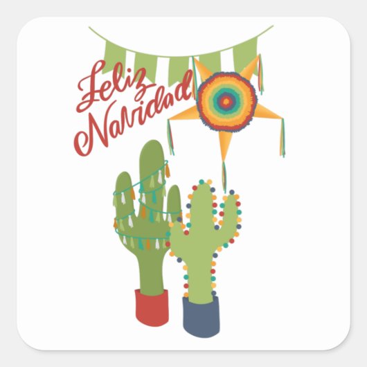Feliz Navidad-vakantiekaart met gedecoreerde cactu Vierkante Sticker (Voorkant)