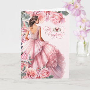 Feliz Quinceanera 15e Verjaardag Roze Rozen Kaart