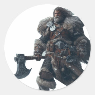 Felle barbaarse krijger met oude bijl ronde sticker