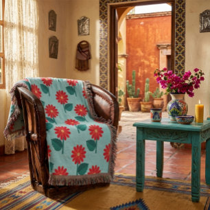 Felle Boho Bloemende Worpdeken met Rode Madeliefje Deken
