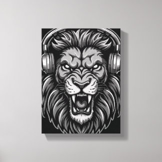 Felle Brullende Leeuw met Koptelefoon Monochroom P Canvas Afdruk