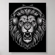 Felle Brullende Leeuw met Koptelefoon Monochroom P