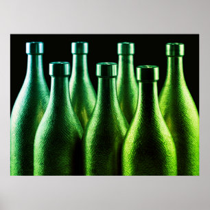 Felle groene gekleurde retro stalen flessen aan ee poster