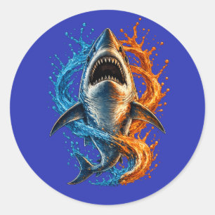Felle Haai Splashedesign – Blauwe & Oranje Oceaan Ronde Sticker