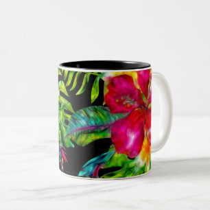 Felle Kleur Tropische Bloem Hibiscus Bladeren Tweekleurige Koffiemok
