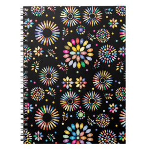 Felle Kleurrijke Bloemcirkels op Zwart Notitieboek