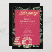 Felle Neon Roze Tropische Botanische 40e Verjaarda Kaart (Voorkant / Achterkant)