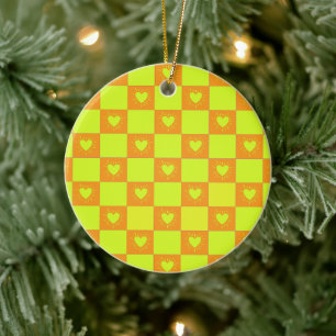 Felle oranje groene geruite tegel met harten keramisch ornament