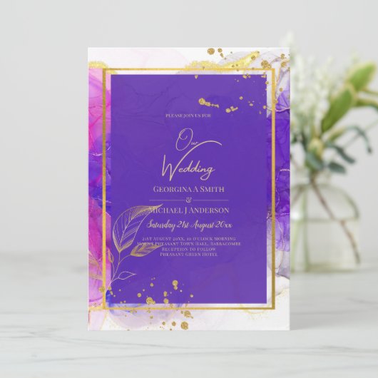 Felle Paarse Roze Gouden Trouw Alcoholinkt Kaart (Staand voorkant)