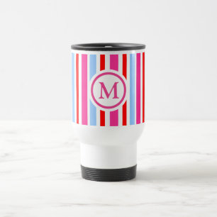 Felle rood-blauwe suikerstrepen-monogram reisbeker