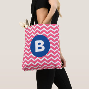 Felle roze en witte Chevron-patroon monogram Draagtas