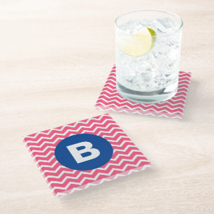 Felle roze en witte Chevron-patroon monogram Glazen Onderzetter