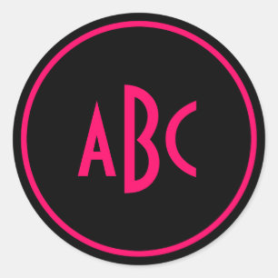 Felle roze en zwarte cirkelmonogram ronde sticker