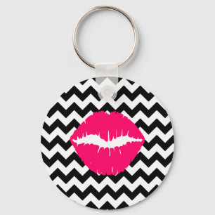 Felle roze lippen op zwart-wit zigzag sleutelhanger