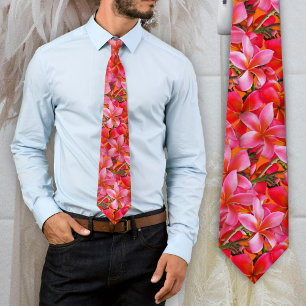 Felle Roze Oranje Hawaïaanse Plumeria Print Stropdas