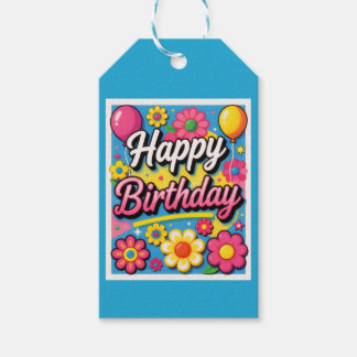 Felle Verjaardagsbloemen en Ballonnen Blauw Cadeaulabel
