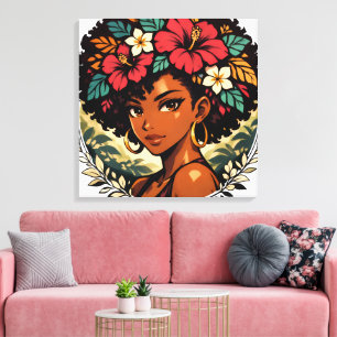 Felle Zwarte Meisje Anime Portret Canvas Afdruk
