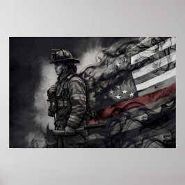 Female Firefighter Red Line American Flag Tribute Poster