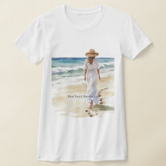 Female White Dress Beach Sea Sand Serenity T-shirt