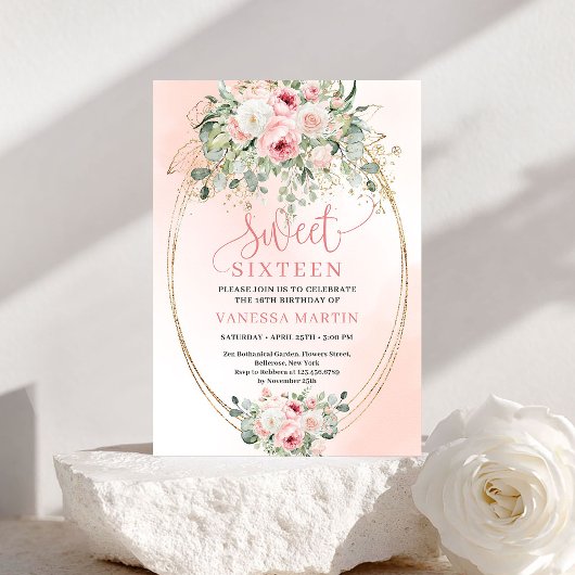 Feminine Blush Floral Gold Sweet 16 Invitation