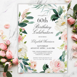 Feminine Blush Roos Floral 60th Birthday Party Kaart