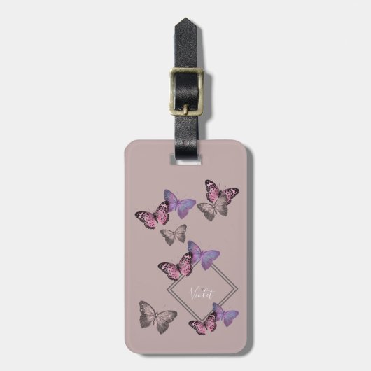 Feminine Butterfly Pattern w. Monogram - Roze grij Bagagelabel (Voorkant verticaal)