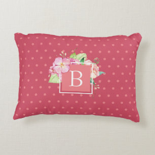 Feminine Chic Monogrammed Initiaal Pink Dot Floral Accent Kussen