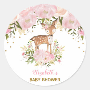 Feminine Deer Baby shower Blush Pink Floral Favors Ronde Sticker