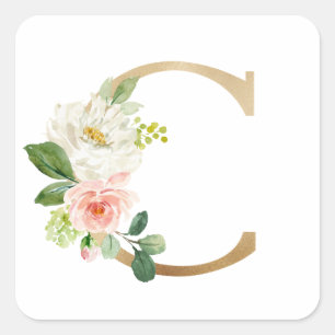 Feminine Faux Gold Foil Bloembrief C Monogram Vierkante Sticker