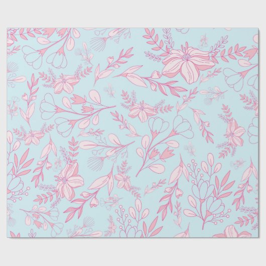 Feminine Floral Pattern Roze en Blauw Cadeaupapier (Vlak)