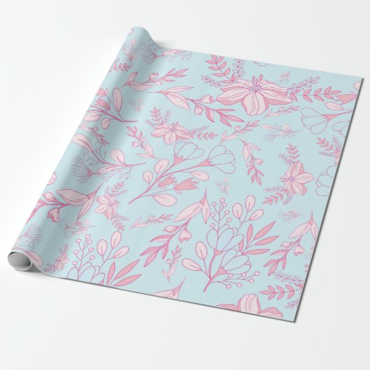 Feminine Floral Pattern Roze en Blauw Cadeaupapier (Uitgerold)
