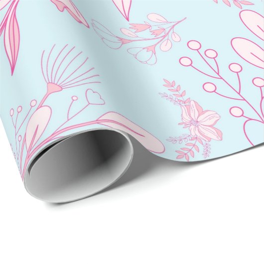 Feminine Floral Pattern Roze en Blauw Cadeaupapier (Rol Hoek)