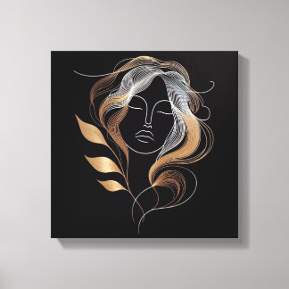 Feminine Line Art with Golden Leaf Flow Canvas Afdruk