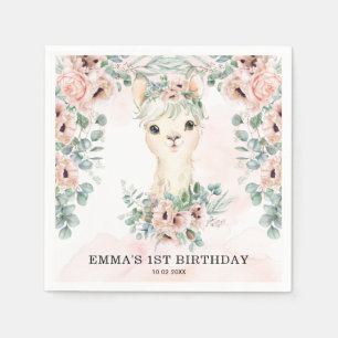 Feminine Llama Blush Pink Floral Greenery Birthday Servet