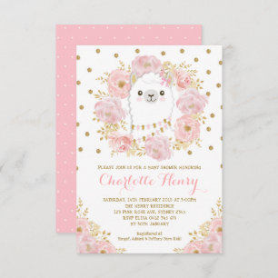 Feminine Llama Blush Pink Gold Floral Baby shower Kaart