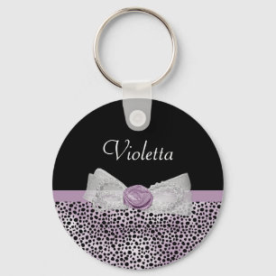 Feminine Paarse Cheetah Print Girly Bow and Name Sleutelhanger