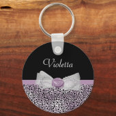 Feminine Paarse Cheetah Print Girly Bow and Name Sleutelhanger (Voorkant)