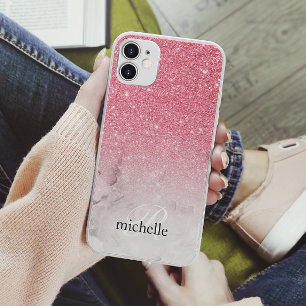 Feminine Pink Glitter Ombre Marble Monogram iPhone 11 Hoesje