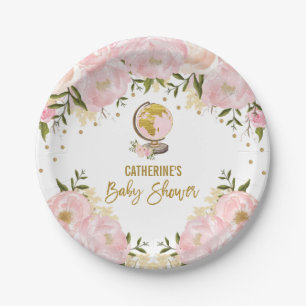 Feminine Pink Gold Floral Travel Girl Baby shower Papieren Bordje