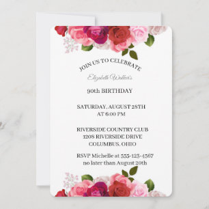 Feminine Pink Roses 90ste verjaardag Uitnodiging