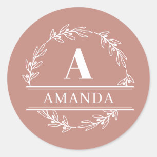  Feminine Pink WreatCustom Monogram Ronde Sticker